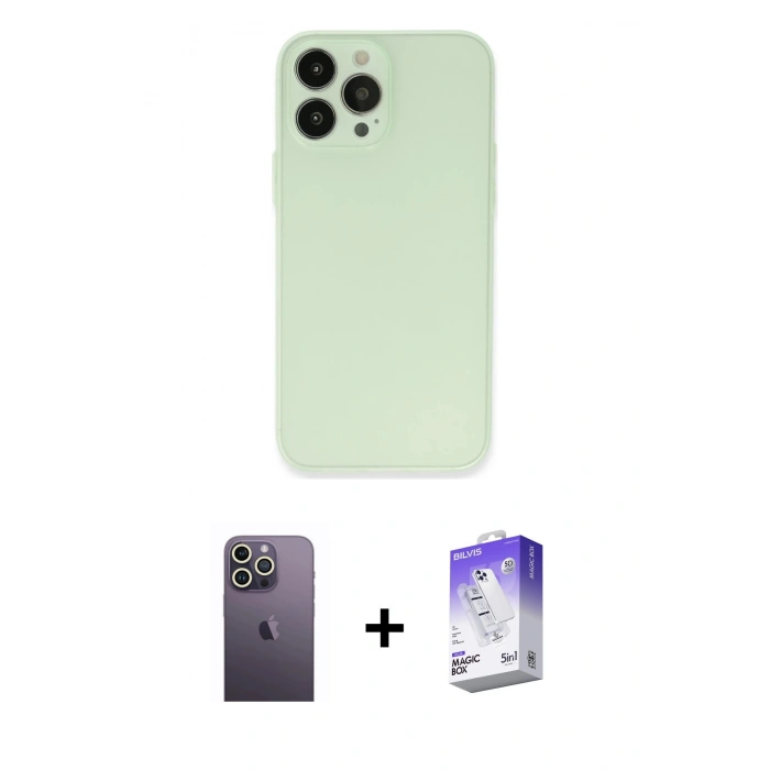 MARSİLYAN™- iPhone 13 Pro Max Kılıf Atlas Minimal Prime - Siyah Bilvis 5in1 3D Magic Cam Ekran Koruyucu + Neon Fosforlu Kamera Lens - BZ