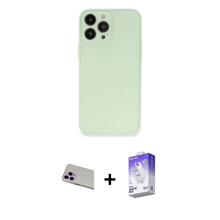 MARSİLYAN™- iPhone 13 Pro Max Kılıf Atlas Minimal Prime - Siyah Bilvis 5in1 3D Magic Cam Ekran Koruyucu + Rainbow Kamera Lens Koruma Cam - MR