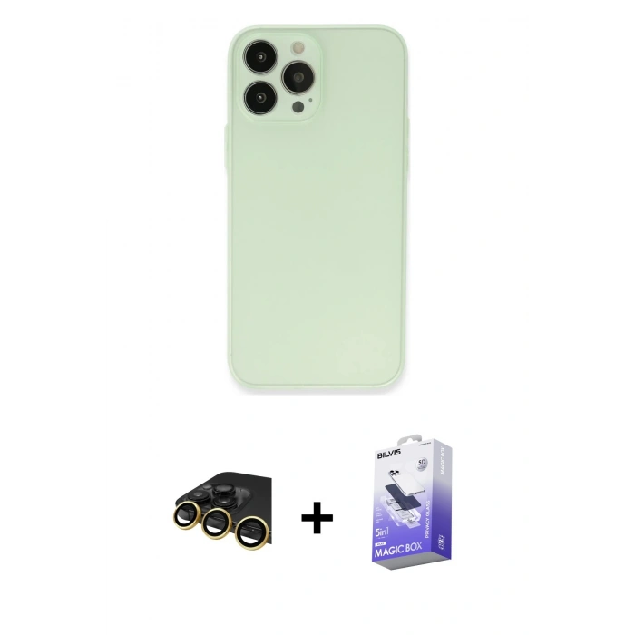MARSİLYAN™- iPhone 13 Pro Max Kılıf Atlas Minimal Prime - Siyah Bilvis 5in1 5D Magic Hayalet Cam Ekran Koruyucu + Gold Raze Metal Kamera Lens