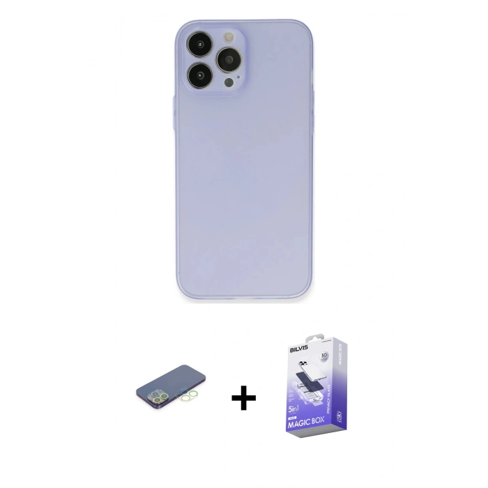 MARSİLYAN™- iPhone 13 Pro Max Kılıf Atlas Minimal Prime - Siyah Bilvis 5in1 5D Magic Hayalet Cam Ekran Koruyucu + Renkli Kamera Lens Koruma Cam - YL