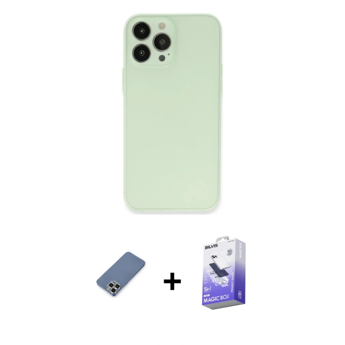 MARSİLYAN™- iPhone 13 Pro Max Kılıf Atlas Minimal Prime - Siyah Bilvis 5in1 5D Magic Hayalet Cam Ekran Koruyucu + Açık Yeşil Metal Kamera Lens Koruma Cam