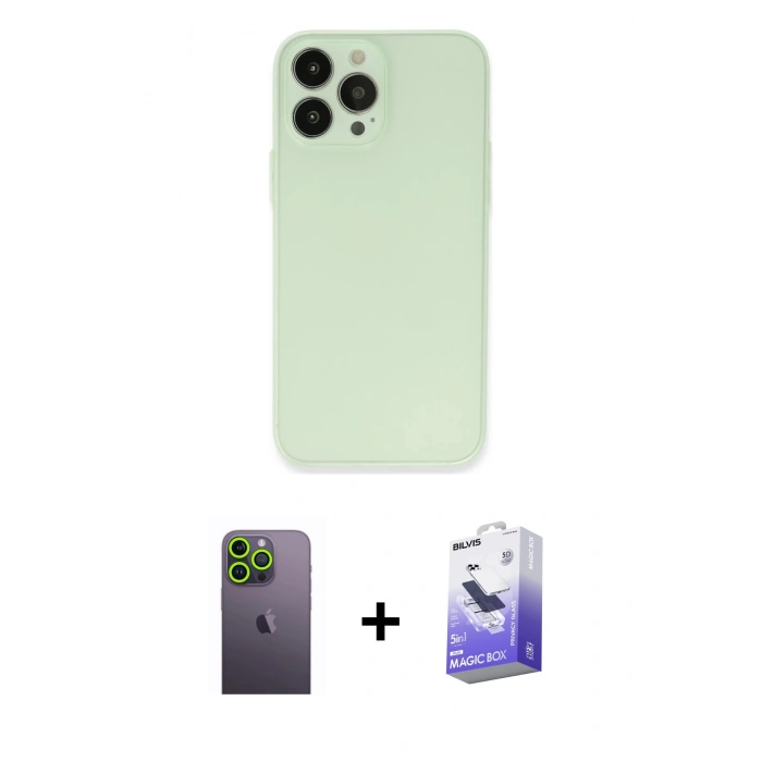 MARSİLYAN™- iPhone 13 Pro Max Kılıf Atlas Minimal Prime - Siyah Bilvis 5in1 5D Magic Hayalet Cam Ekran Koruyucu + Neon Fosforlu Kamera Lens - YL
