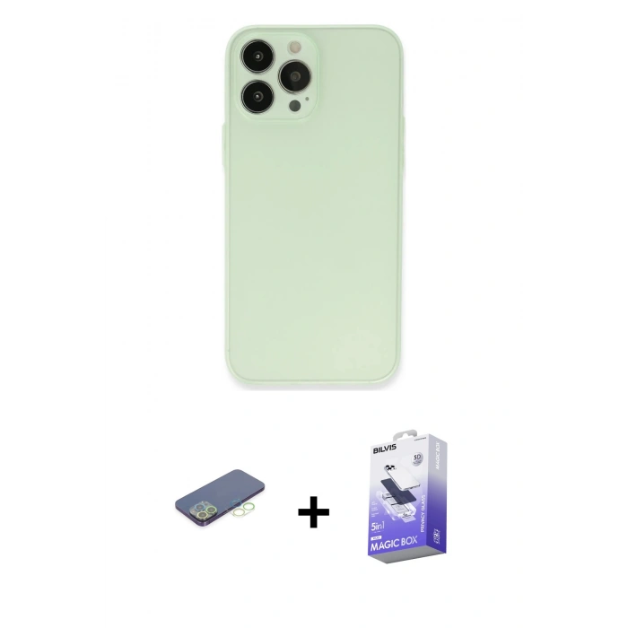 MARSİLYAN™- iPhone 13 Pro Max Kılıf Atlas Minimal Prime - Siyah Bilvis 5in1 5D Magic Hayalet Cam Ekran Koruyucu + Renkli Kamera Lens Koruma Cam - YL