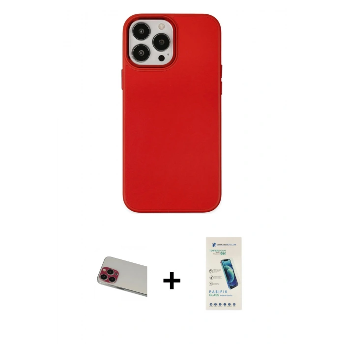 MARSİLYAN™- iPhone 13 Pro Max Kılıf Çekirdek Çizgi - Şeffaf Pasifik Cam Ekran Koruyucu + Kırmızı Rainbow Kamera Lens Koruma Cam