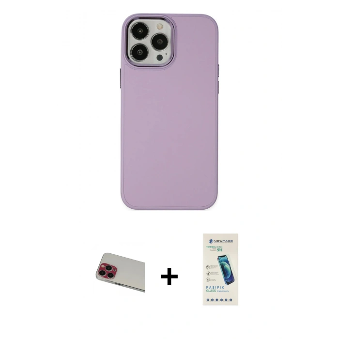 MARSİLYAN™- iPhone 13 Pro Max Kılıf Çekirdek Çizgi - Şeffaf Pasifik Cam Ekran Koruyucu + Kırmızı Rainbow Kamera Lens Koruma Cam