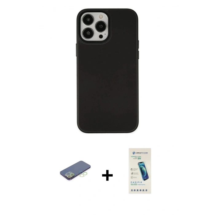 MARSİLYAN™- iPhone 13 Pro Max Kılıf Çekirdek Çizgi - Şeffaf Pasifik Cam Ekran Koruyucu + Yeşil Renkli Kamera Lens Koruma Cam