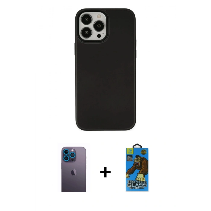 MARSİLYAN™- iPhone 13 Pro Max Kılıf Çekirdek Çizgi - Siyah 18D Cam Ekran Koruyucu + Neon Fosforlu Kamera Lens - MI