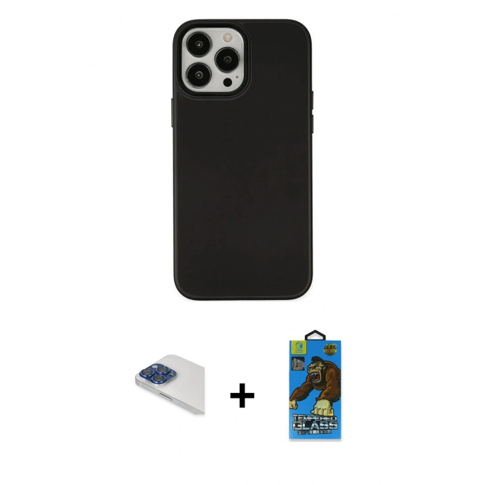MARSİLYAN™- iPhone 13 Pro Max Kılıf Çekirdek Çizgi - Siyah 18D Cam Ekran Koruyucu + Pers Alüminyum Kamera Lens - LT