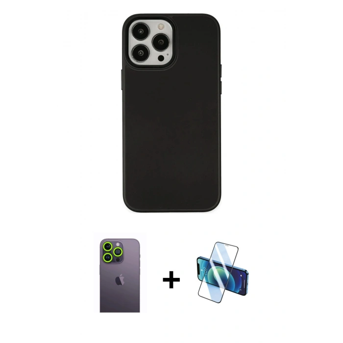 MARSİLYAN™- iPhone 13 Pro Max Kılıf Çekirdek Çizgi - Siyah 3D Antistatik Cam Ekran Koruyucu + Neon Fosforlu Kamera Lens - YL