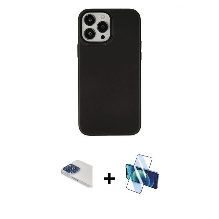 MARSİLYAN™- iPhone 13 Pro Max Kılıf Çekirdek Çizgi - Siyah 3D Antistatik Cam Ekran Koruyucu + Pers Alüminyum Kamera Lens - LT