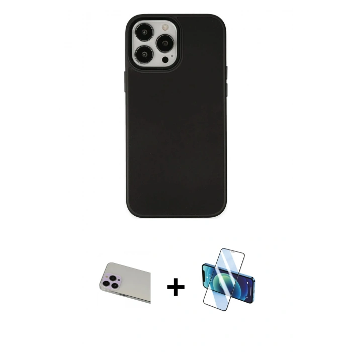 MARSİLYAN™- iPhone 13 Pro Max Kılıf Çekirdek Çizgi - Siyah 3D Antistatik Cam Ekran Koruyucu + Rainbow Kamera Lens Koruma Cam - MR