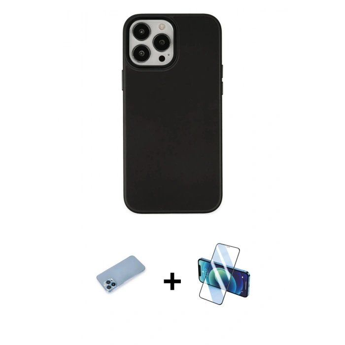 MARSİLYAN™- iPhone 13 Pro Max Kılıf Çekirdek Çizgi - Siyah 3D Antistatik Cam Ekran Koruyucu + Shine Kamera Lens Koruma Cam - MI