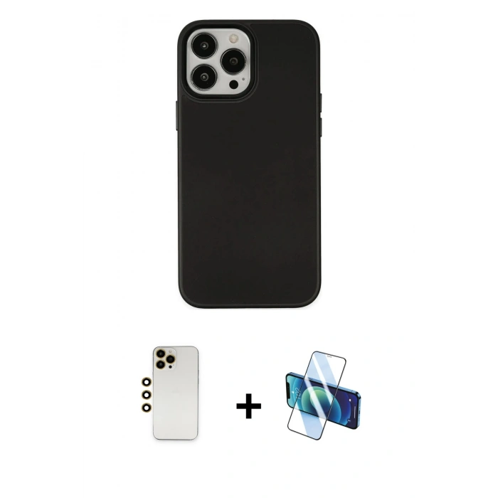 MARSİLYAN™- iPhone 13 Pro Max Kılıf Çekirdek Çizgi - Siyah 3D Antistatik Cam Ekran Koruyucu + Shine Kamera Lens - GD