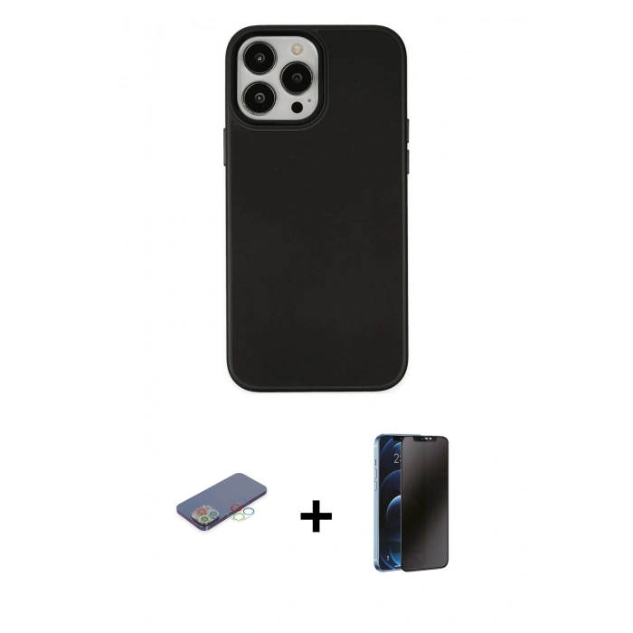 MARSİLYAN™- iPhone 13 Pro Max Kılıf Çekirdek Çizgi - Siyah 3D Antistatik Hayalet Cam Ekran Koruyucu + Renkli Kamera Lens Koruma Cam - MI