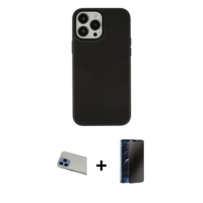 MARSİLYAN™- iPhone 13 Pro Max Kılıf Çekirdek Çizgi - Siyah 3D Antistatik Hayalet Cam Ekran Koruyucu + Rainbow Kamera Lens Koruma Cam - MI