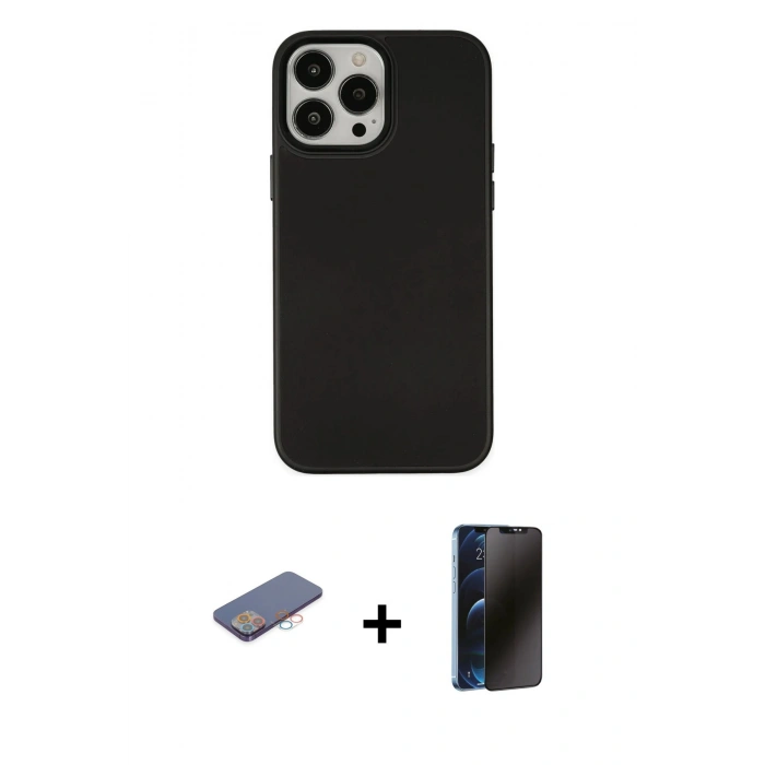 MARSİLYAN™- iPhone 13 Pro Max Kılıf Çekirdek Çizgi - Siyah 3D Antistatik Hayalet Cam Ekran Koruyucu + Renkli Kamera Lens Koruma Cam - PE