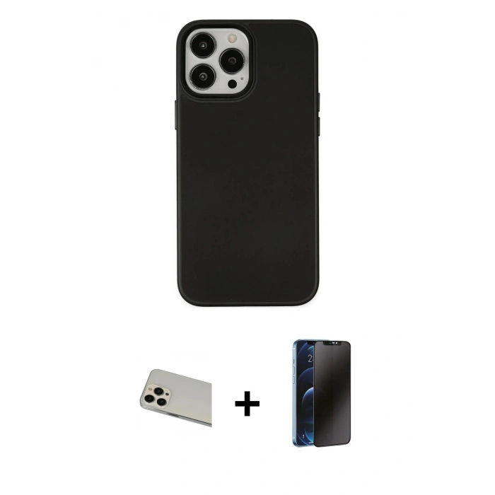 MARSİLYAN™- iPhone 13 Pro Max Kılıf Çekirdek Çizgi - Siyah 3D Antistatik Hayalet Cam Ekran Koruyucu + Rainbow Kamera Lens Koruma Cam - REGD