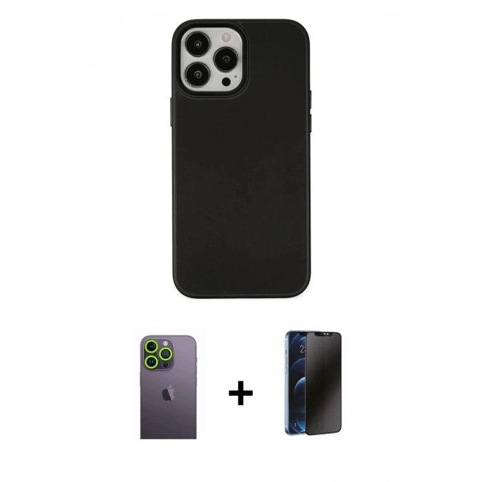 MARSİLYAN™- iPhone 13 Pro Max Kılıf Çekirdek Çizgi - Siyah 3D Antistatik Hayalet Cam Ekran Koruyucu + Neon Fosforlu Kamera Lens - YL