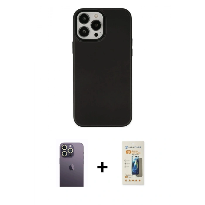 MARSİLYAN™- iPhone 13 Pro Max Kılıf Çekirdek Çizgi - Siyah 6D Mat Seramik Hayalet Nano Ekran Koruyucu + Neon Fosforlu Kamera Lens - BZ
