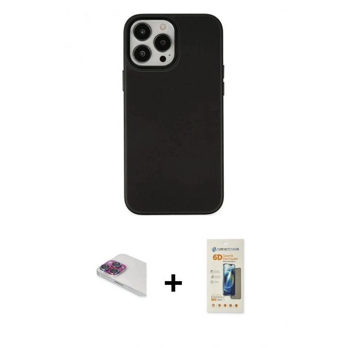 MARSİLYAN™- iPhone 13 Pro Max Kılıf Çekirdek Çizgi - Siyah 6D Mat Seramik Hayalet Nano Ekran Koruyucu + Gökkuşağı Pers Alüminyum Kamera Lens