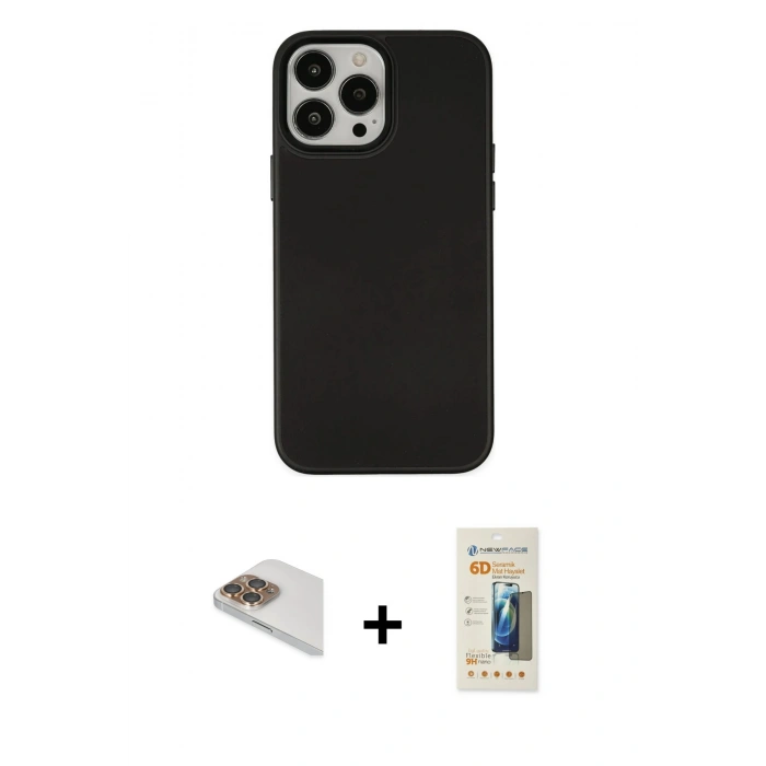 MARSİLYAN™- iPhone 13 Pro Max Kılıf Çekirdek Çizgi - Siyah 6D Mat Seramik Hayalet Nano Ekran Koruyucu + Pers Alüminyum Kamera Lens - GD