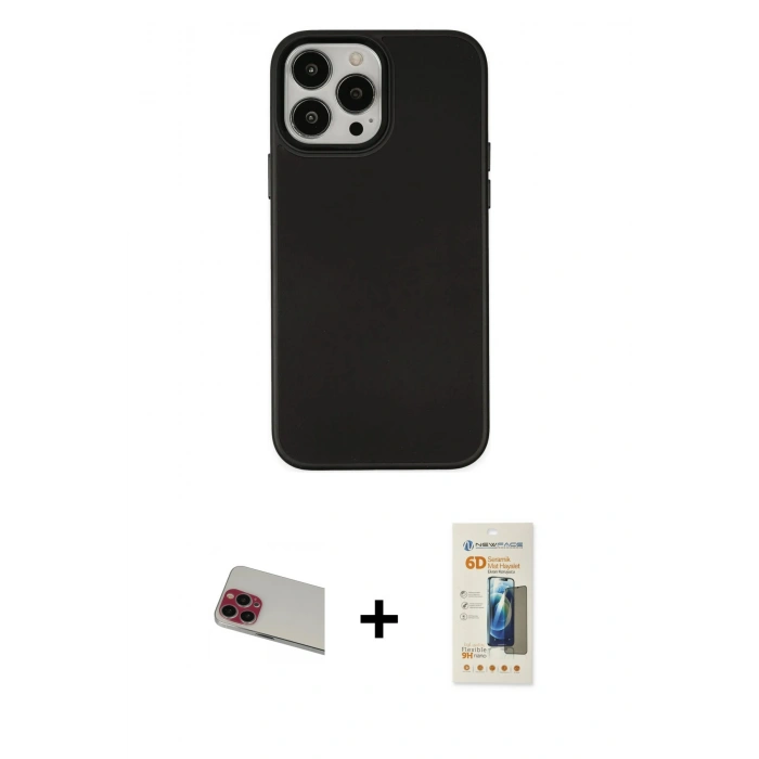 MARSİLYAN™- iPhone 13 Pro Max Kılıf Çekirdek Çizgi - Siyah 6D Mat Seramik Hayalet Nano Ekran Koruyucu + Rainbow Kamera Lens Koruma Cam - KI