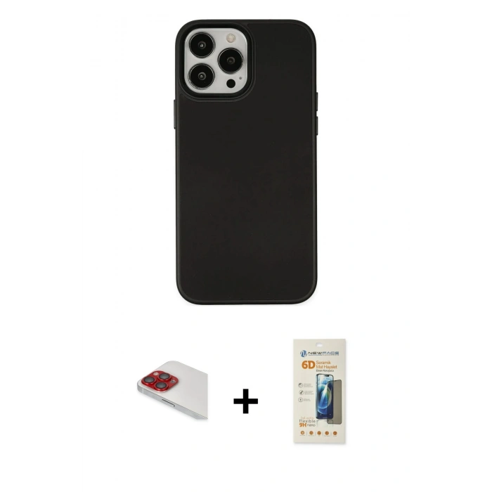MARSİLYAN™- iPhone 13 Pro Max Kılıf Çekirdek Çizgi - Siyah 6D Mat Seramik Hayalet Nano Ekran Koruyucu + Pers Alüminyum Kamera Lens - KI