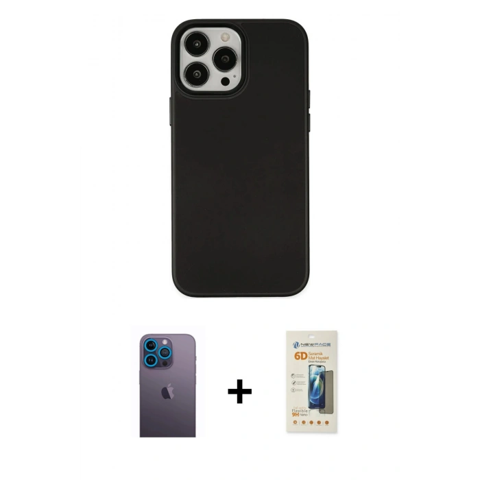 MARSİLYAN™- iPhone 13 Pro Max Kılıf Çekirdek Çizgi - Siyah 6D Mat Seramik Hayalet Nano Ekran Koruyucu + Neon Fosforlu Kamera Lens - MI