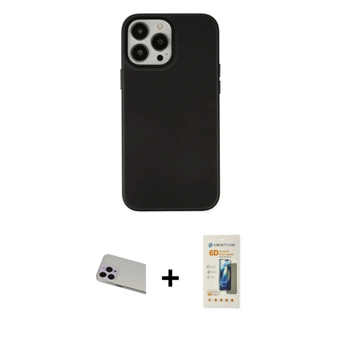 MARSİLYAN™- iPhone 13 Pro Max Kılıf Çekirdek Çizgi - Siyah 6D Mat Seramik Hayalet Nano Ekran Koruyucu + Rainbow Kamera Lens Koruma Cam - MR