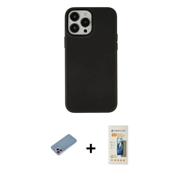 MARSİLYAN™- iPhone 13 Pro Max Kılıf Çekirdek Çizgi - Siyah 6D Mat Seramik Hayalet Nano Ekran Koruyucu + Shine Kamera Lens Koruma Cam - PE