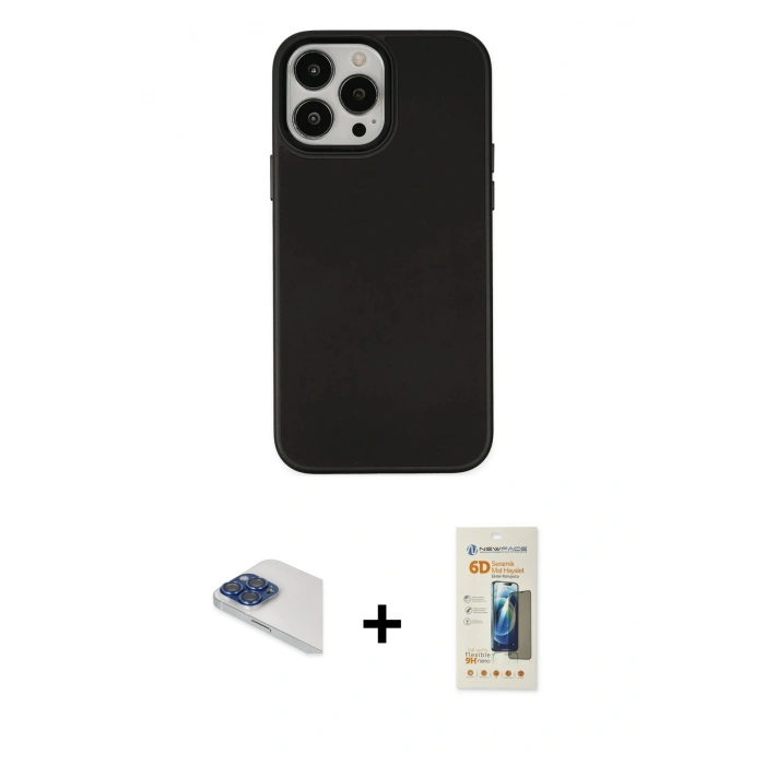 MARSİLYAN™- iPhone 13 Pro Max Kılıf Çekirdek Çizgi - Siyah 6D Mat Seramik Hayalet Nano Ekran Koruyucu + Pers Alüminyum Kamera Lens - LT