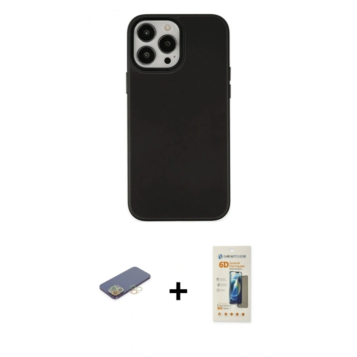 MARSİLYAN™- iPhone 13 Pro Max Kılıf Çekirdek Çizgi - Siyah 6D Mat Seramik Hayalet Nano Ekran Koruyucu + Renkli Kamera Lens Koruma Cam - SI