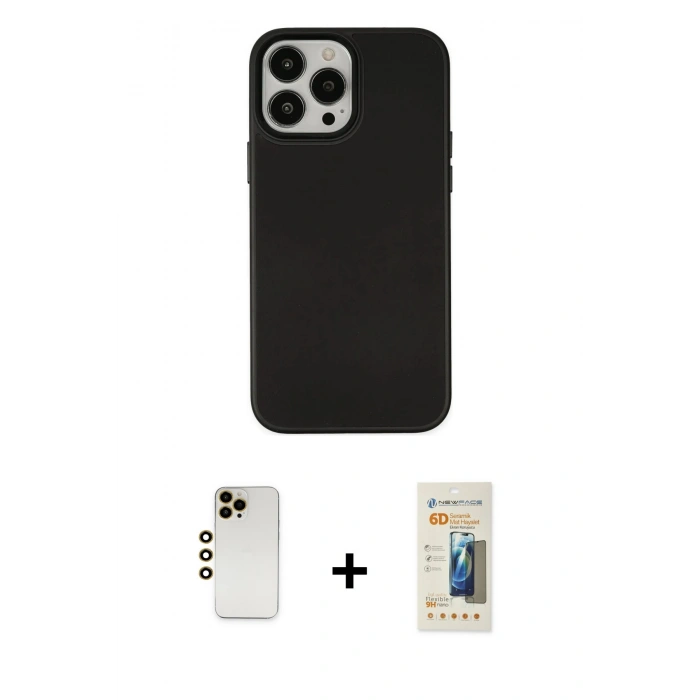 MARSİLYAN™- iPhone 13 Pro Max Kılıf Çekirdek Çizgi - Siyah 6D Mat Seramik Hayalet Nano Ekran Koruyucu + Shine Kamera Lens - GD