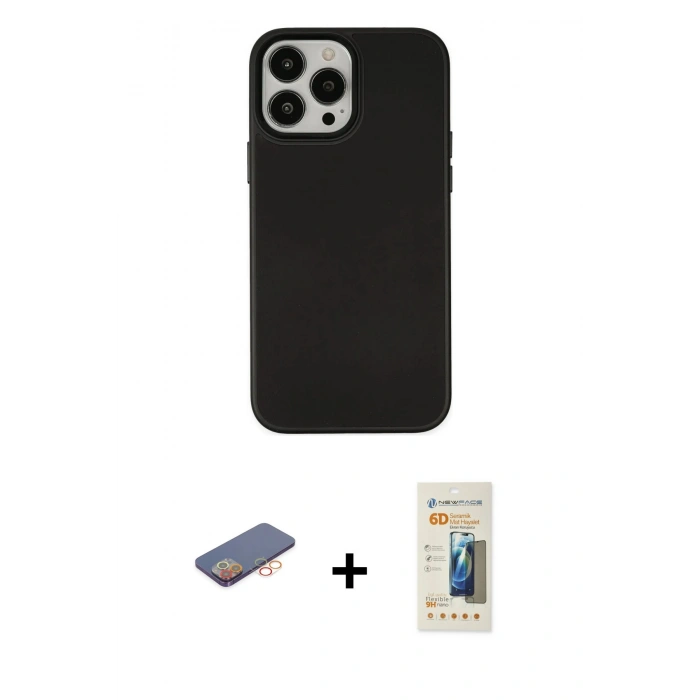 MARSİLYAN™- iPhone 13 Pro Max Kılıf Çekirdek Çizgi - Siyah 6D Mat Seramik Hayalet Nano Ekran Koruyucu + Turuncu Renkli Kamera Lens Koruma Cam