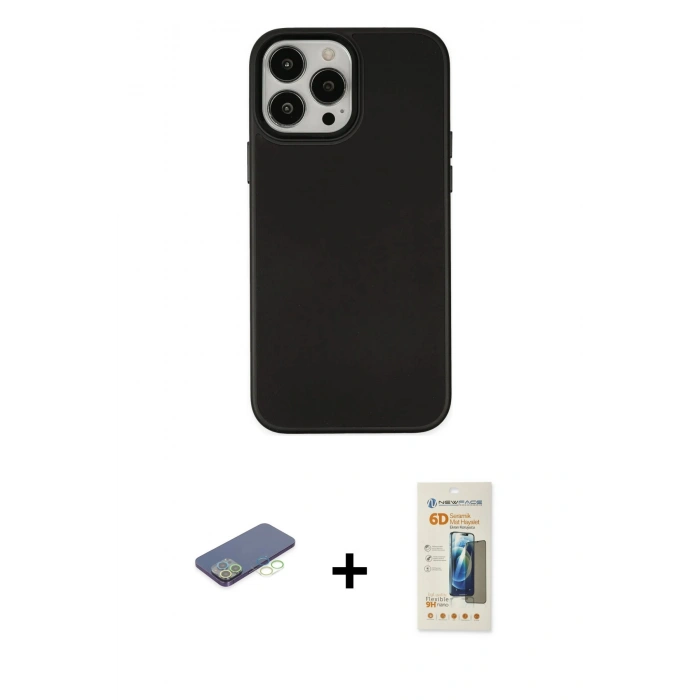 MARSİLYAN™- iPhone 13 Pro Max Kılıf Çekirdek Çizgi - Siyah 6D Mat Seramik Hayalet Nano Ekran Koruyucu + Yeşil Renkli Kamera Lens Koruma Cam