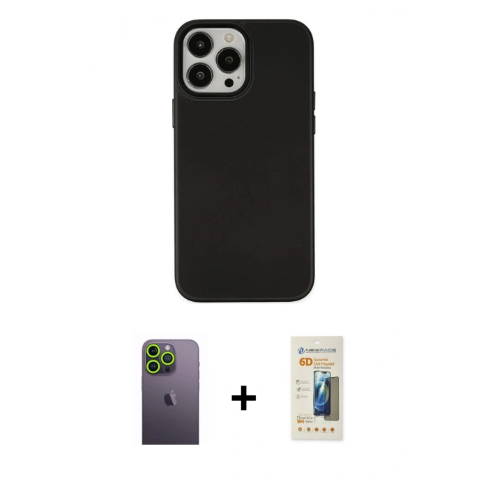 MARSİLYAN™- iPhone 13 Pro Max Kılıf Çekirdek Çizgi - Siyah 6D Mat Seramik Hayalet Nano Ekran Koruyucu + Neon Fosforlu Kamera Lens - YL