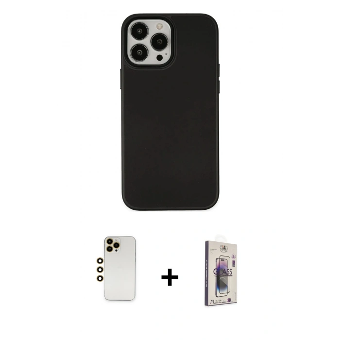 MARSİLYAN™- iPhone 13 Pro Max Kılıf Çekirdek Çizgi - Siyah Bilvis 3D Cam Ekran Koruyucu + Gold Shine Kamera Lens