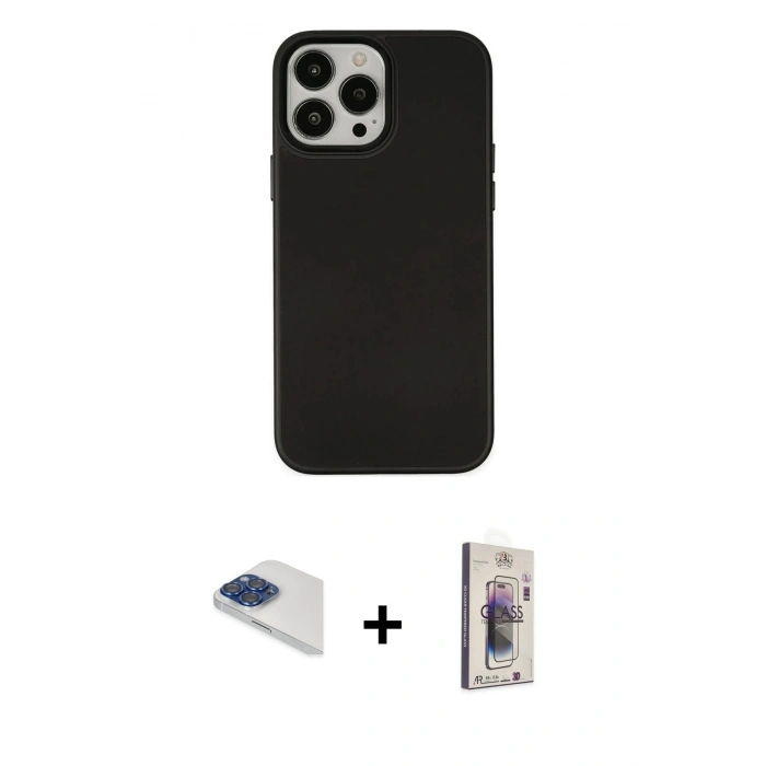 MARSİLYAN™- iPhone 13 Pro Max Kılıf Çekirdek Çizgi - Siyah Bilvis 3D Cam Ekran Koruyucu + Pers Alüminyum Kamera Lens - LT