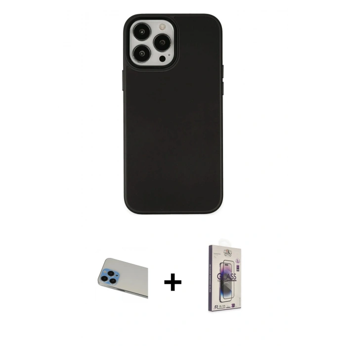 MARSİLYAN™- iPhone 13 Pro Max Kılıf Çekirdek Çizgi - Siyah Bilvis 3D Cam Ekran Koruyucu + Rainbow Kamera Lens Koruma Cam - MI