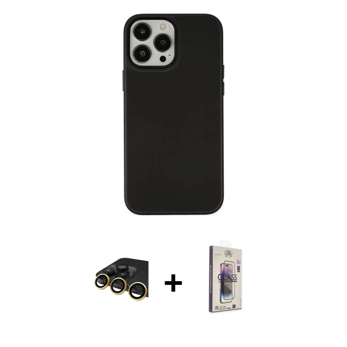 MARSİLYAN™- iPhone 13 Pro Max Kılıf Çekirdek Çizgi - Siyah Bilvis 3D Cam Ekran Koruyucu + Raze Metal Kamera Lens - GD
