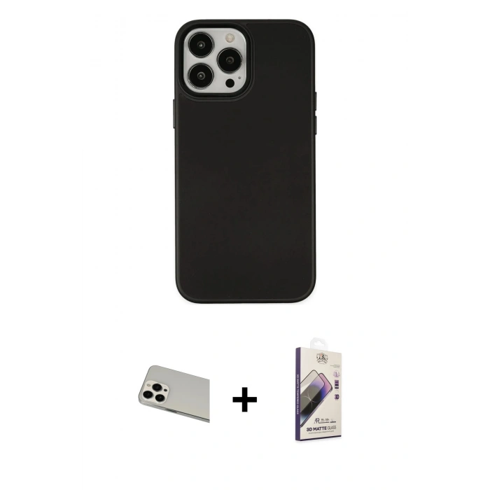 MARSİLYAN™- iPhone 13 Pro Max Kılıf Çekirdek Çizgi - Siyah Bilvis 3D Mat Cam Ekran Koruyucu + Rainbow Kamera Lens Koruma Cam - BZ