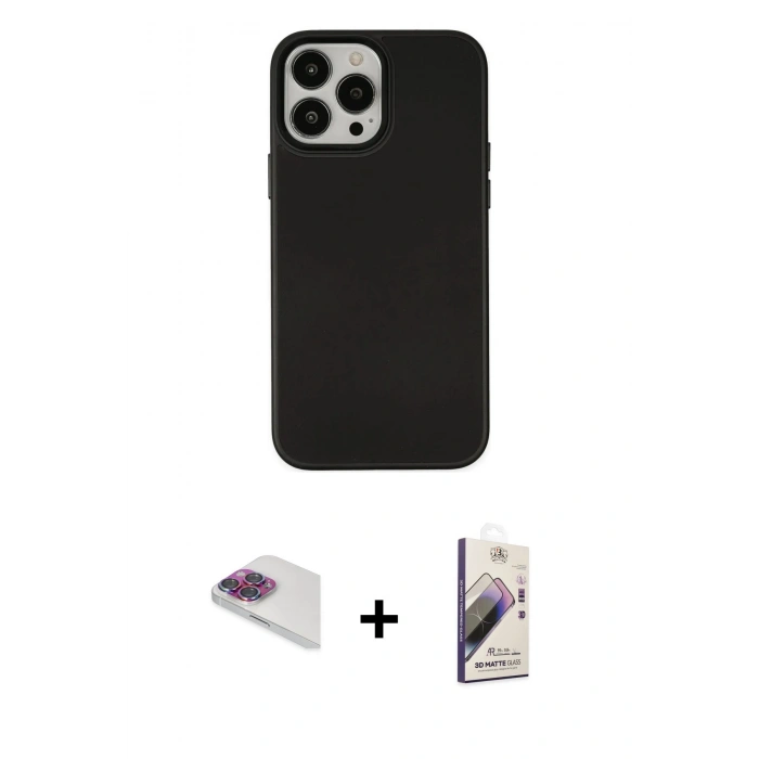 MARSİLYAN™- iPhone 13 Pro Max Kılıf Çekirdek Çizgi - Siyah Bilvis 3D Mat Cam Ekran Koruyucu + Pers Alüminyum Kamera Lens - GI