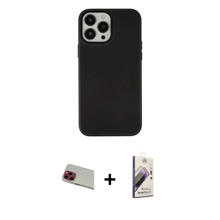 MARSİLYAN™- iPhone 13 Pro Max Kılıf Çekirdek Çizgi - Siyah Bilvis 3D Mat Cam Ekran Koruyucu + Rainbow Kamera Lens Koruma Cam - KI