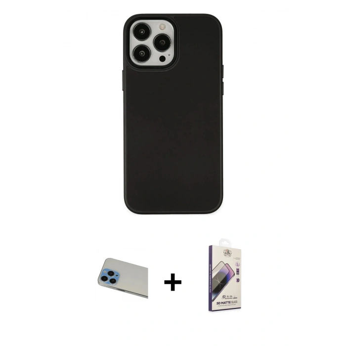 MARSİLYAN™- iPhone 13 Pro Max Kılıf Çekirdek Çizgi - Siyah Bilvis 3D Mat Cam Ekran Koruyucu + Rainbow Kamera Lens Koruma Cam - MI