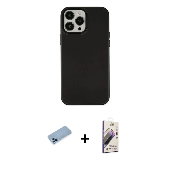 MARSİLYAN™- iPhone 13 Pro Max Kılıf Çekirdek Çizgi - Siyah Bilvis 3D Mat Cam Ekran Koruyucu + Mavi Shine Kamera Lens Koruma Cam