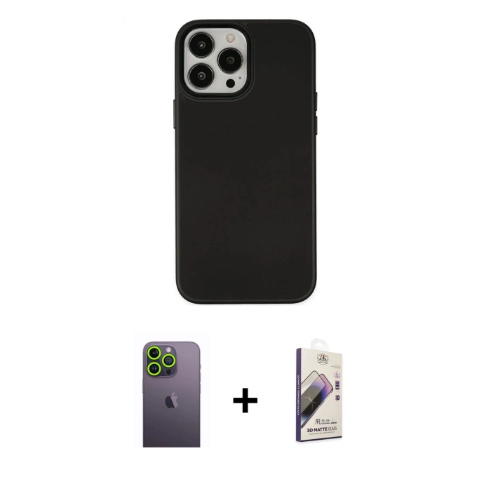 MARSİLYAN™- iPhone 13 Pro Max Kılıf Çekirdek Çizgi - Siyah Bilvis 3D Mat Cam Ekran Koruyucu + Neon Fosforlu Kamera Lens - YL