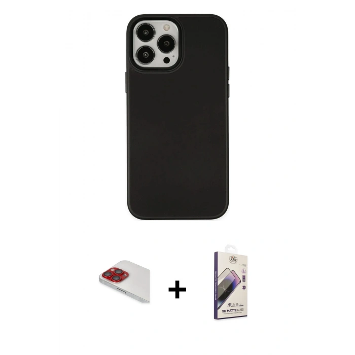 MARSİLYAN™- iPhone 13 Pro Max Kılıf Çekirdek Çizgi - Siyah Bilvis 3D Mat Cam Ekran Koruyucu + Pers Alüminyum Kamera Lens - KI