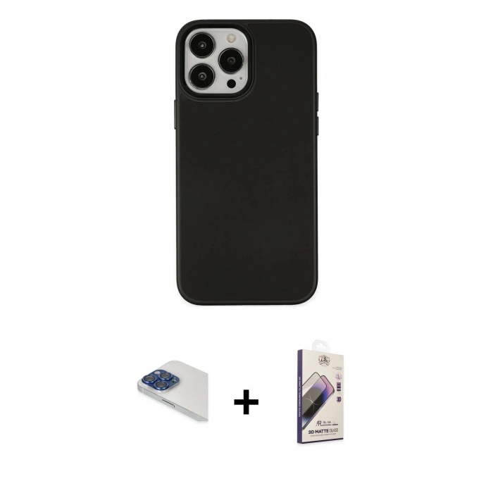 MARSİLYAN™- iPhone 13 Pro Max Kılıf Çekirdek Çizgi - Siyah Bilvis 3D Mat Cam Ekran Koruyucu + Pers Alüminyum Kamera Lens - LT