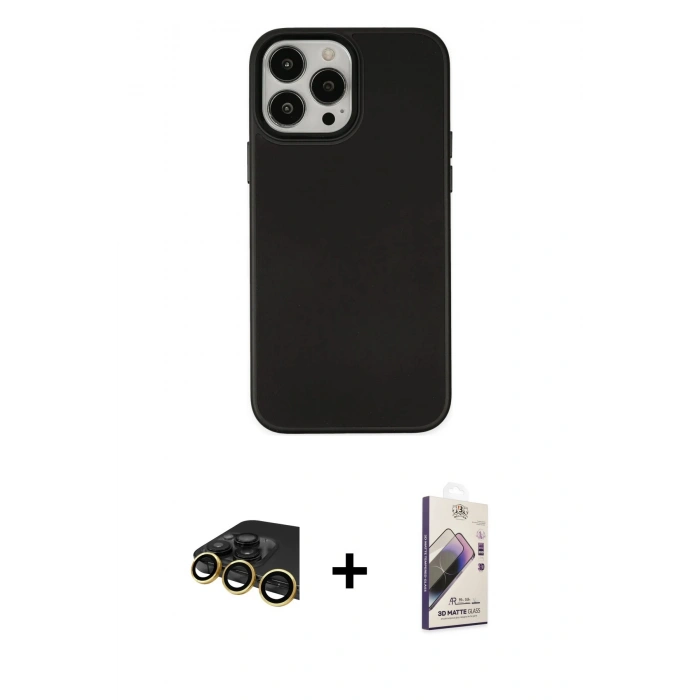 MARSİLYAN™- iPhone 13 Pro Max Kılıf Çekirdek Çizgi - Siyah Bilvis 3D Mat Cam Ekran Koruyucu + Raze Metal Kamera Lens - GD