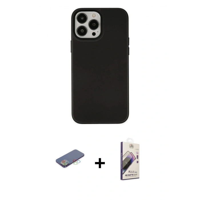 MARSİLYAN™- iPhone 13 Pro Max Kılıf Çekirdek Çizgi - Siyah Bilvis 3D Mat Cam Ekran Koruyucu + Renkli Kamera Lens Koruma Cam - MI